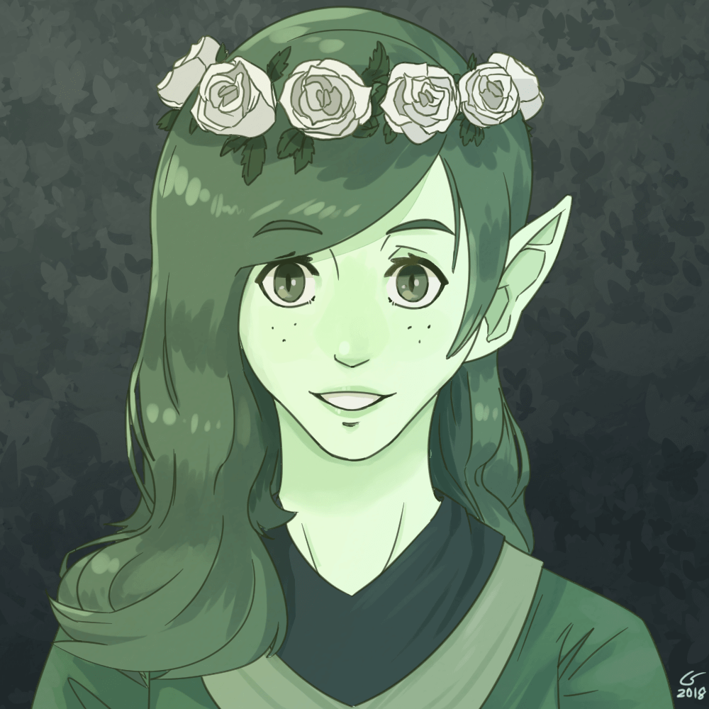 Portrait of a green-skinned fae woman with flowers in her hair